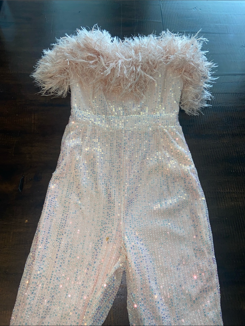 Jade Rose Sequin Feather Strapless Jumpsuit in Blush Pink size 4